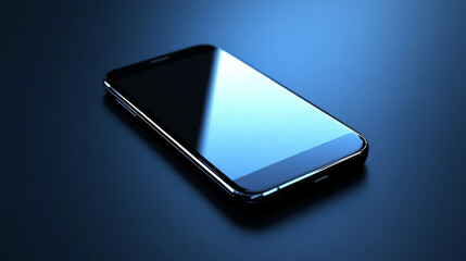 Modern black smart phone lies on a smooth dark blue surface or table in perspective view. Realistic vector illustration isometric smartphone. New shiny mobile cellphone with reflection on the screen