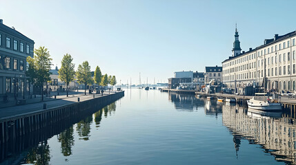 Obraz premium Scenic Cityscape Of Buildings Along A Riverbank With Calm Water Reflecting Architecture And Blue Sky On A Bright Day