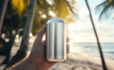 A hand holding a cold aluminum can with water droplets, with a tropical beach and palm trees in the background.
