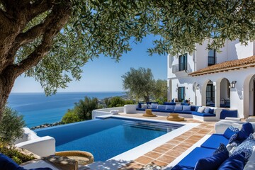 A stunning view of a large Spanish-style villa with whitewashed walls and a sapphire infinity pool, set against the vibrant Mediterranean coast