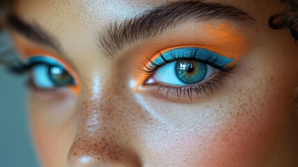Fototapeta premium Close-up of eyes with dual-tone neon makeup, bold cyan and warm coral glow