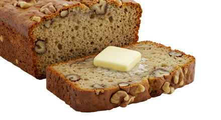 Light Brown Banana Nut Bread with Butter Pat Isolated on Transparent Background