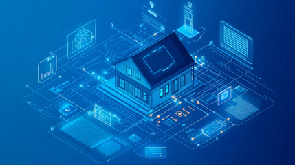Obraz premium Smart home technology conceptual banner. Building consists digits and connected with icons of domestic smart devices. illustration concept of System intelligent control house on blue background. IOT.