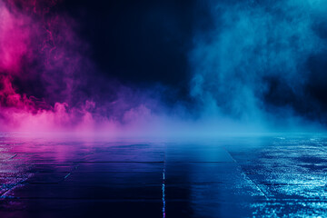 Mesmerizing pink and blue light beams illuminating a misty stage. Great for concert posters, DJ event flyers, or creative backgrounds. A striking blend of colors