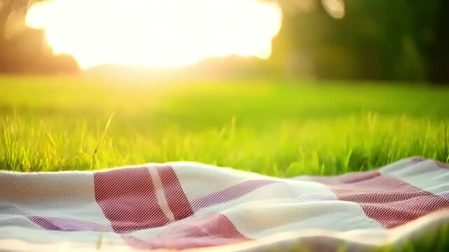 Picnic Blanket on Green Grass Field at Sunset Outdoor Scene