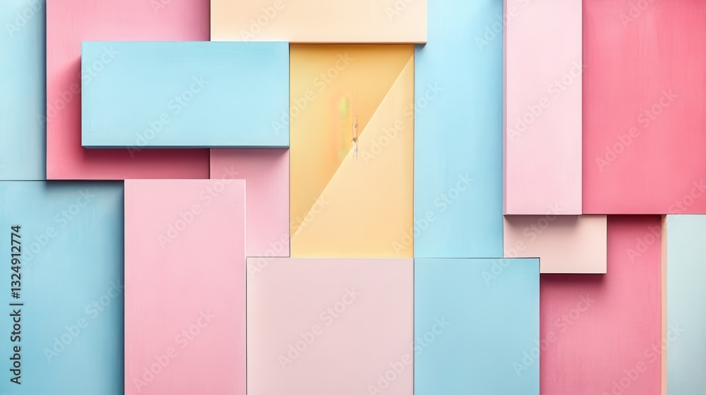 Poster Colorful arrangement of geometric shapes forms an abstract backdrop in a creative space during daylight hours