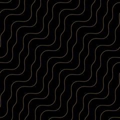 Abstract golden minimal seamless pattern with diagonal wavy lines, thin stripes, liquid fluid shaped, waves. Gold and black linear background. Simple outline texture. Trendy minimalist luxury design