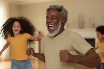 Fototapeta premium an elderly man joyfully dances with two young children, filled with laughter and happiness