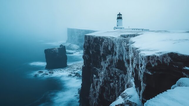 A coastal lighthouse stands strong during a frigid winter day