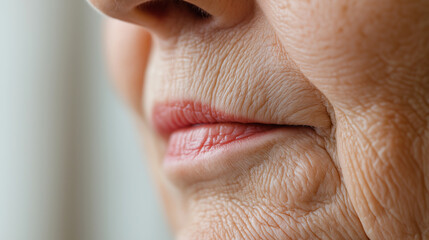 Obraz premium Close-up of an elderly woman's wrinkled lips and lower face, symbolizing aging and wisdom.
