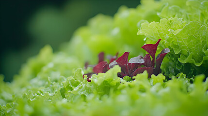 Close Up View of Fresh Green and Red Lettuce Leaves with Water Droplets in a Garden Setting