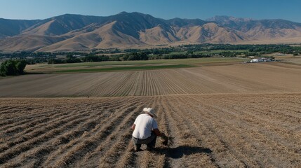 Obraz premium A solitary farmer tends to his crops under a vast sunny sky, illustrating dedication and harmony with the land amidst rolling hills.