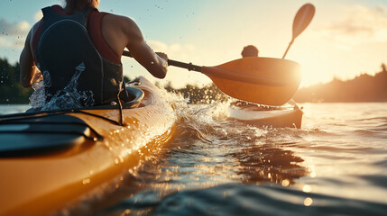 Close-up action shot of two people kayaking on a river at sunset, splashing water as they paddle.