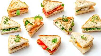 Assorted triangle sandwiches isolated on white background