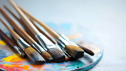 Obraz premium Close Up of Well Used Paintbrushes on a Colorful Palette with Paint Splatters in Soft Light