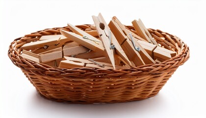 isolated wooden clothespins in wicker basket