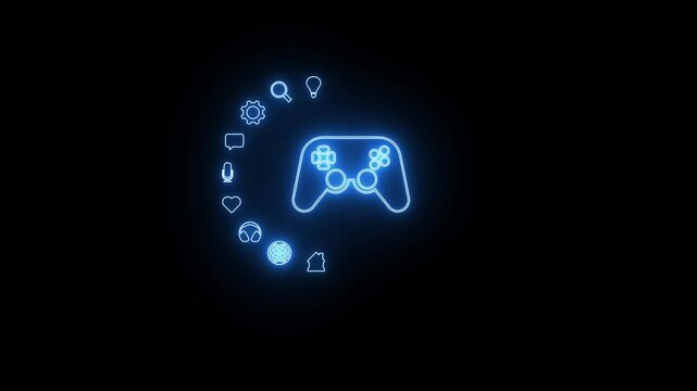 Game controller with many icons. Wireless Game Controller. Glowing neon line Game pad icon isolated on black background.