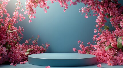 display stand with spring flowers on blue wall