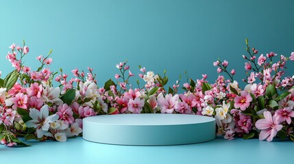 display stand with spring flowers on blue wall