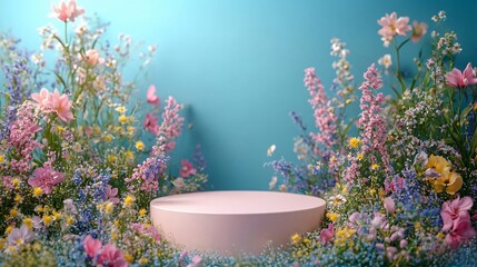 display stand with spring flowers on blue wall