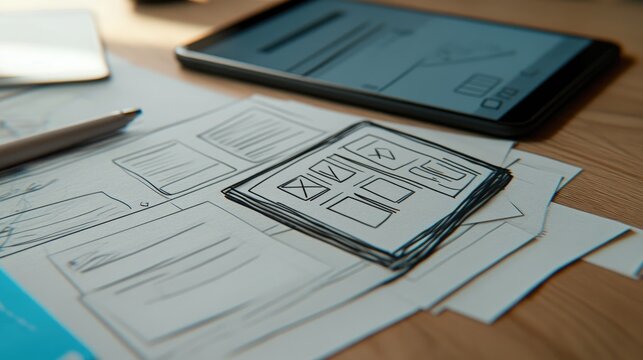 Close-up of hand-drawn mobile app wireframe next to smartphone on wooden table.