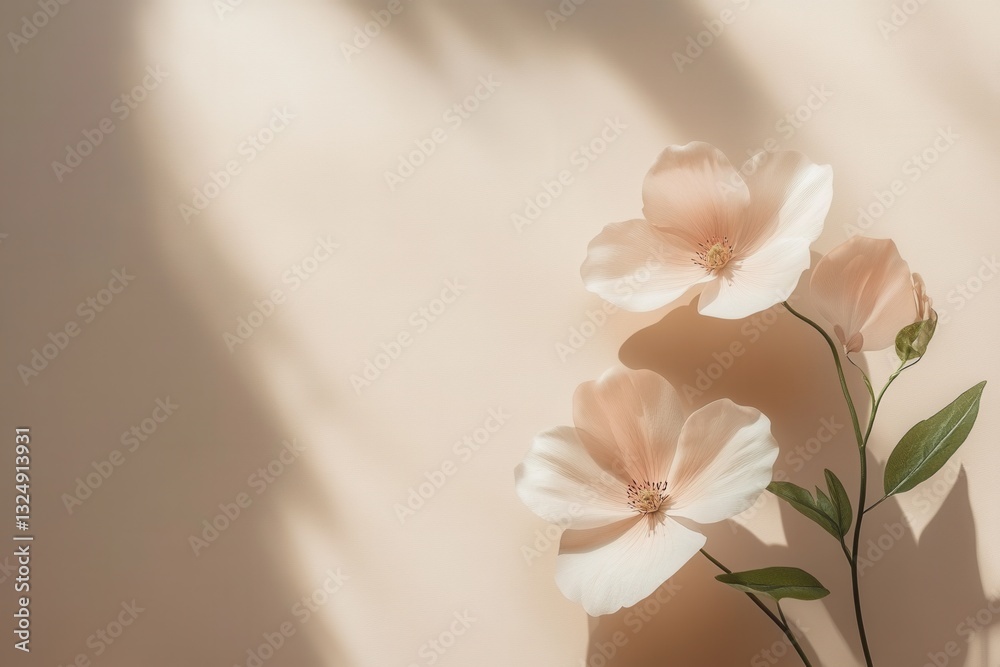 Poster elegant vase with delicate flowers casting soft shadows in a serene space during afternoon light