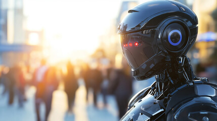 Fototapeta premium Futuristic black humanoid robot with a sleek helmet in a busy cityscape.