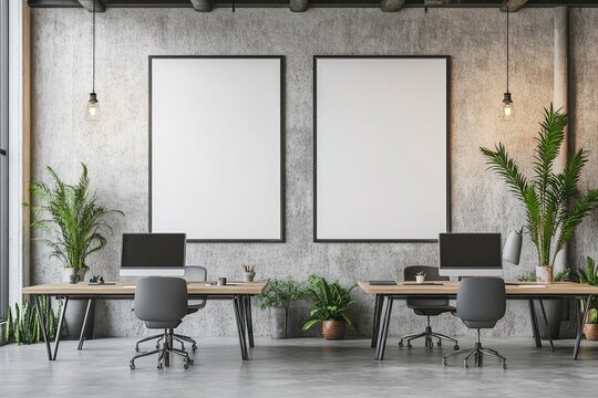 Modern minimalist office interior with two workstations, featuring sleek desks, comfortable chairs, and large blank canvases for creative inspiration.