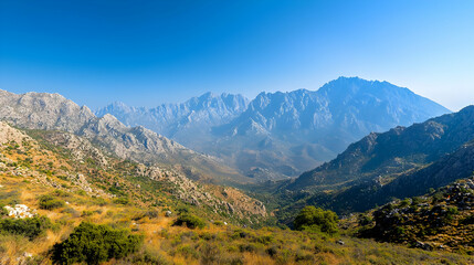 Expansive Mountain Range Landscape With Rocky Terrain Under Bright Blue Sky and Sunlight
