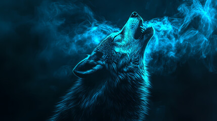 Obraz premium Majestic wolf howling with blue smoke on black background. Moonlit Vapors. Illustration