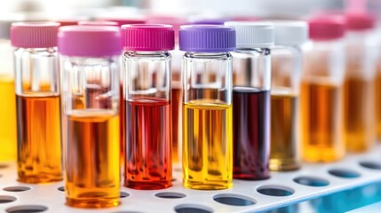 Colorful liquid samples in sealed glass vials neatly arranged on a research lab bench.