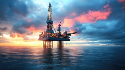 Obraz premium Colossal offshore oil drilling rig standing tall in the open ocean, surrounded by calm waters.
