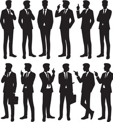 Silhouettes of Businessman character in different poses. Business man in formal suit standing front, back, rear, side view, pointing, thinking. Vector black illustrations on white background