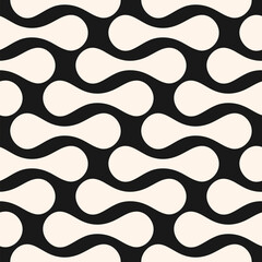 Abstract vector geometric seamless pattern. Simple black and white background with rounded organic shapes, curved lines, grid. Stylish monochrome texture. Modern repeated geo design for decor, print