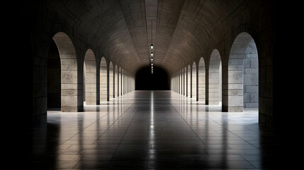Symmetrical Stone Archway Tunnel Interior With Reflection And Dark Background