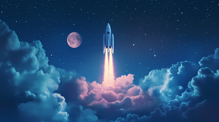 Sleek rocket ascends, moonlit clouds swirl below , fantasy, climb. Moonlit Vapors. Illustration