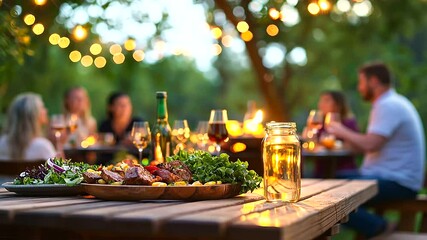 A vibrant evening barbecue party in a cozy backyard setting.