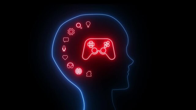 Human head with game controller icons. Wireless Game Controller. Glowing neon line Game pad icon isolated on black background. - Powered by Adobe