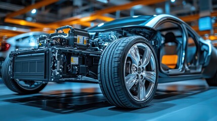 Obraz premium Detailed view of an electric motor and lithium-ion battery pack inside an EV.