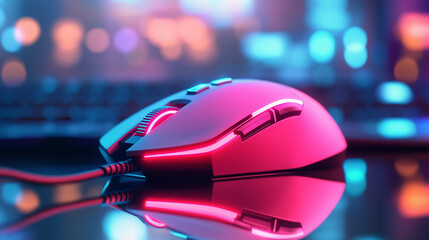 Futuristic gaming mouse with neon pink and blue LED lights on a reflective surface.