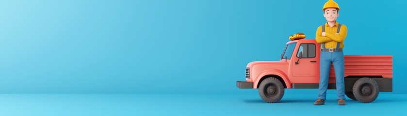 3D Roadside Assistance Concept with Tow Truck and Worker in Bright Minimalist Style