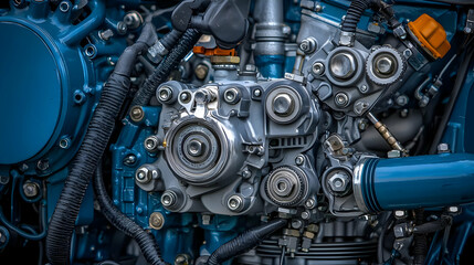 Detailed Close Up Of A Complex Engine Assembly With Blue And Silver Metallic Components And Bolts