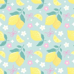 Sunny Lemon Blossom ,Cute Lemon Pattern with Bows and  Flowers.Seamless Digital Paper