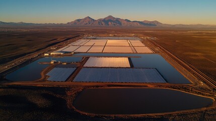 Fototapeta premium Drone view of a vast solar panel manufacturing facility, reflecting sunlight across its expansive surface.