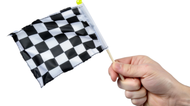 Hand holding checkered flag on transparent background