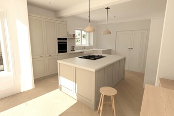 Sunlit modern kitchen design with island, cabinets, and hardwood floors.