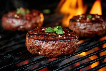Savory Lamb Burgers Grilled to Perfection with Spicy Rub, Charcoal Flames, and Fresh Spearmint Highlights