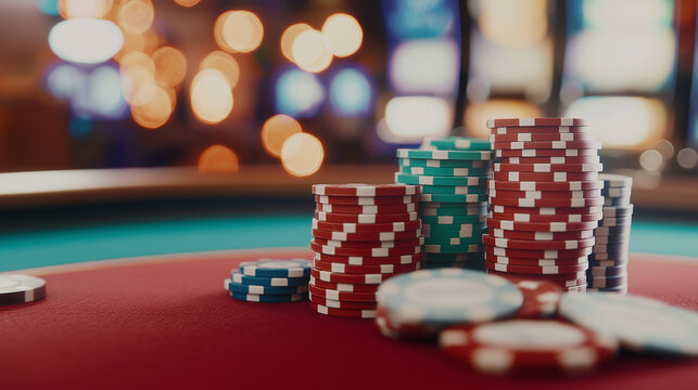 Stacks of red, blue, and green poker chips with playing cards on a casino table.