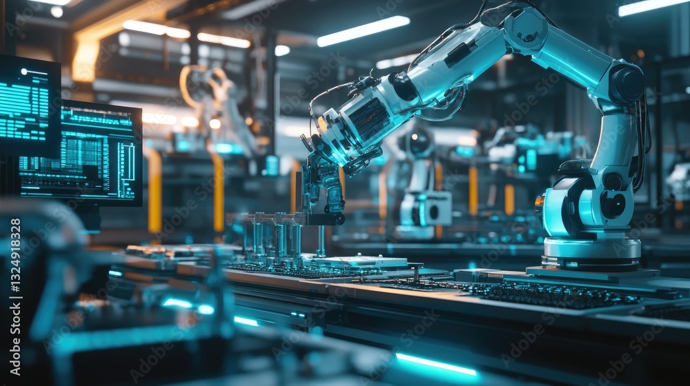 Poster fully automated electronics production line with robotic arms working in perfect sync.