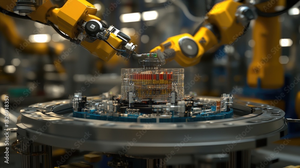 Poster fully automated electronics production line with robotic arms working in perfect sync.